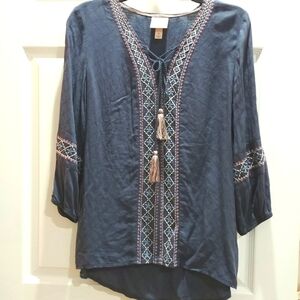 Knox Rose Blue boho Long sleeve blouse With Tassles size Medium